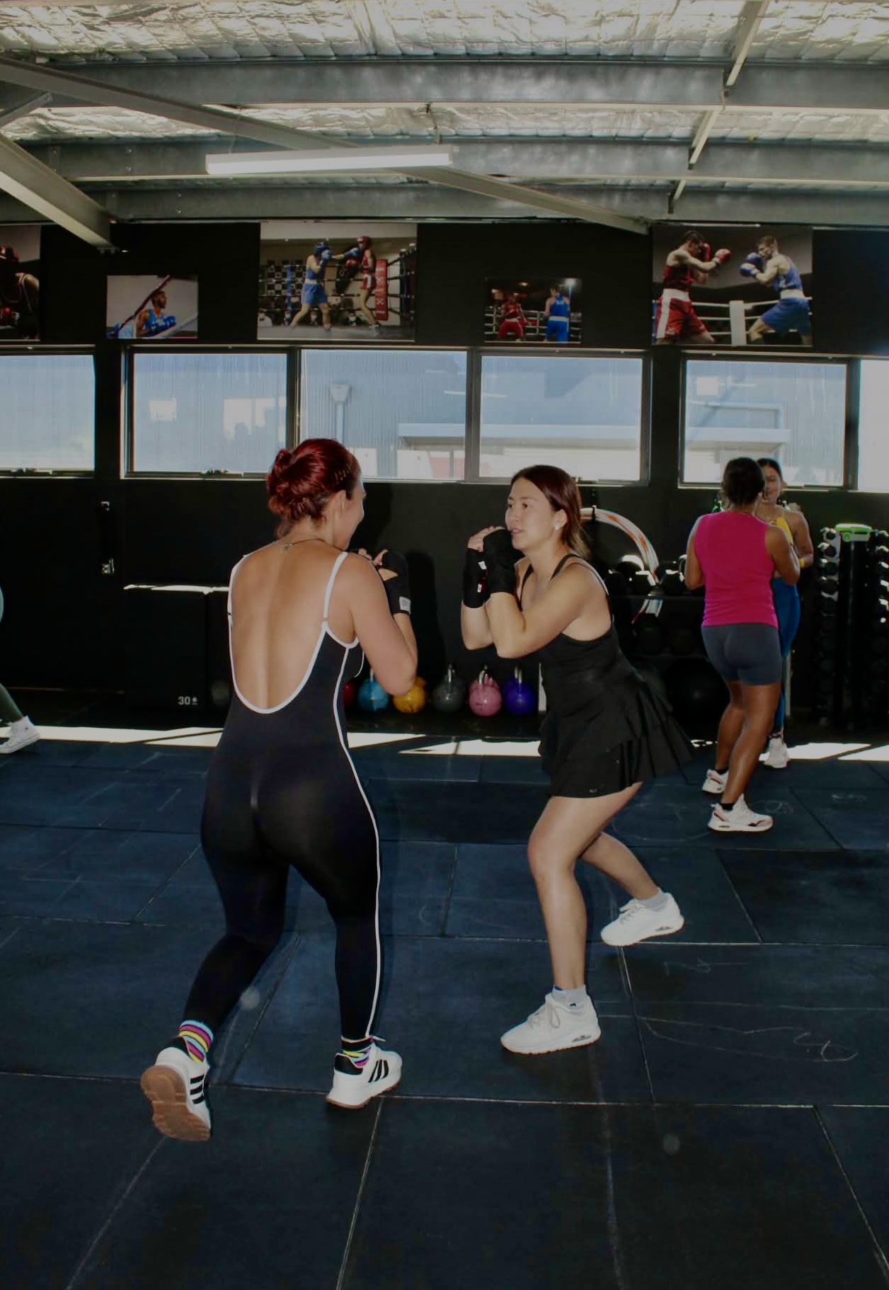 Women partner drill shadow boxing